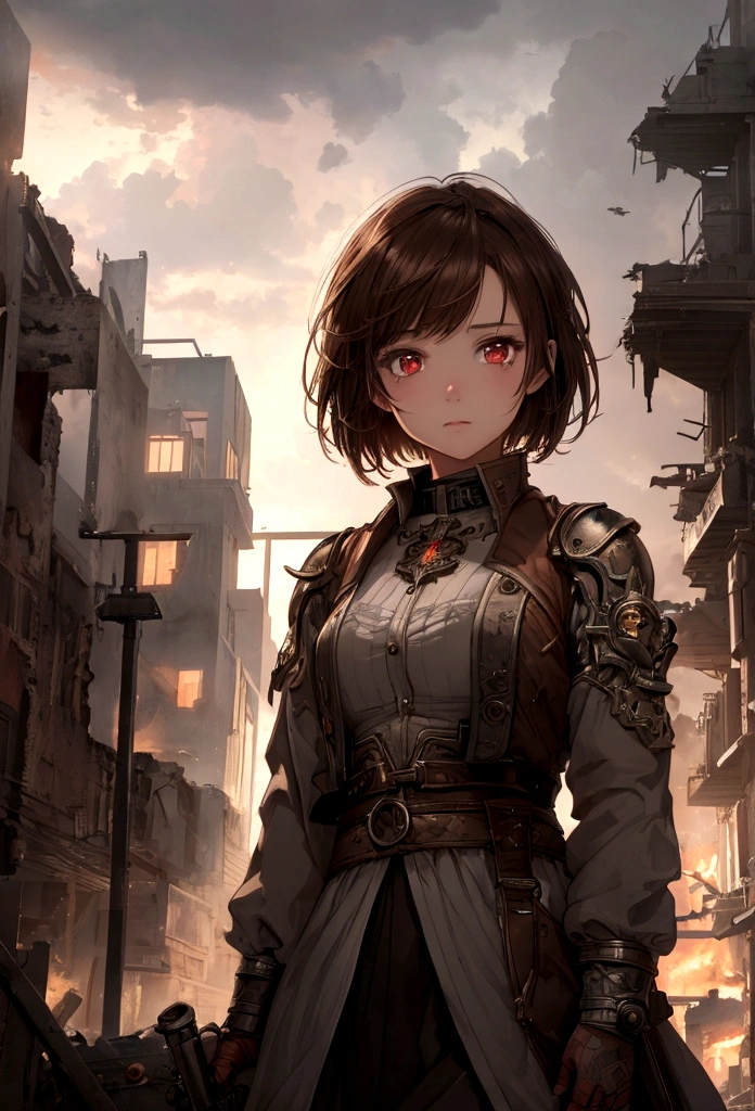 (masterpiece, best quality: 1.2), ultra detailed, cinematic lighting, HDR, illustration, 1 girl, cloudy at night, destroy buildings, panic, no sun, tears, short hair, brown hair, red eyes