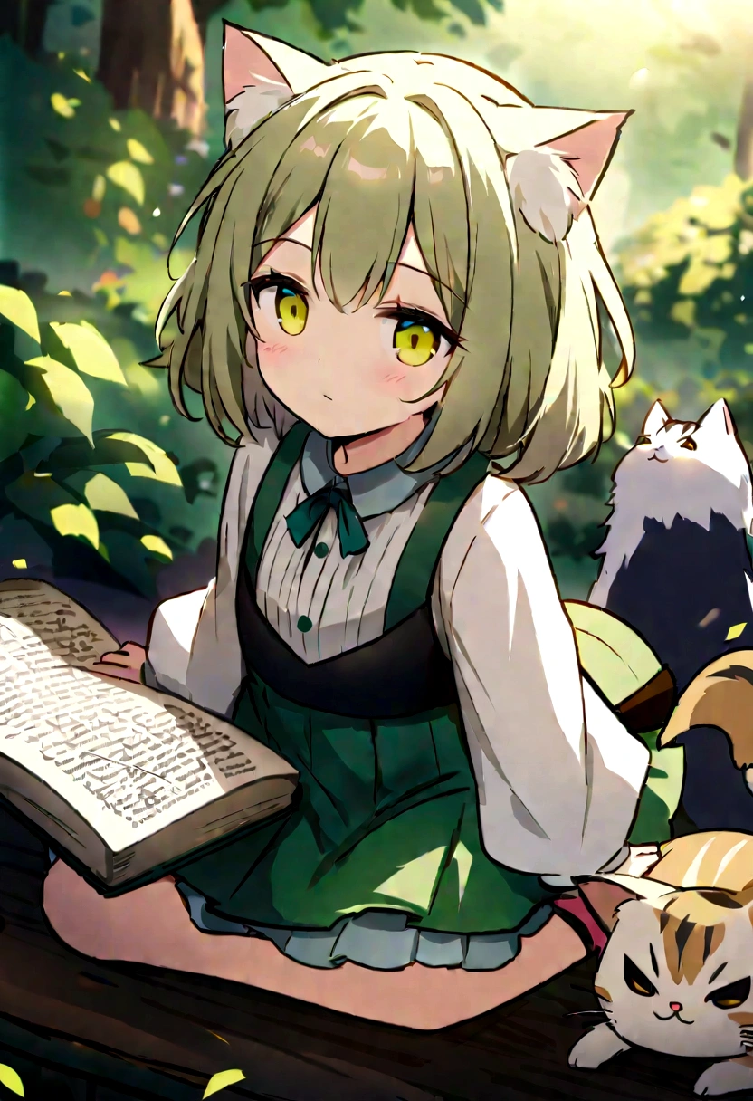 Highest quality、masterpiece、Detailed CG、cute cat、Norwegian Forest Cat、Handwritten style、icon、Yellow-green eyes、Sitting on a floating book、League of Legends、Yuumi