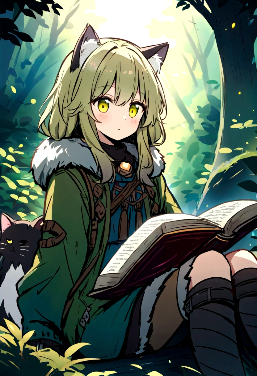 Highest quality、masterpiece、Detailed CG、cute cat、Norwegian Forest Cat、Handwritten style、icon、Yellow-green eyes、Sitting on a floating book、League of Legends、Yuumi