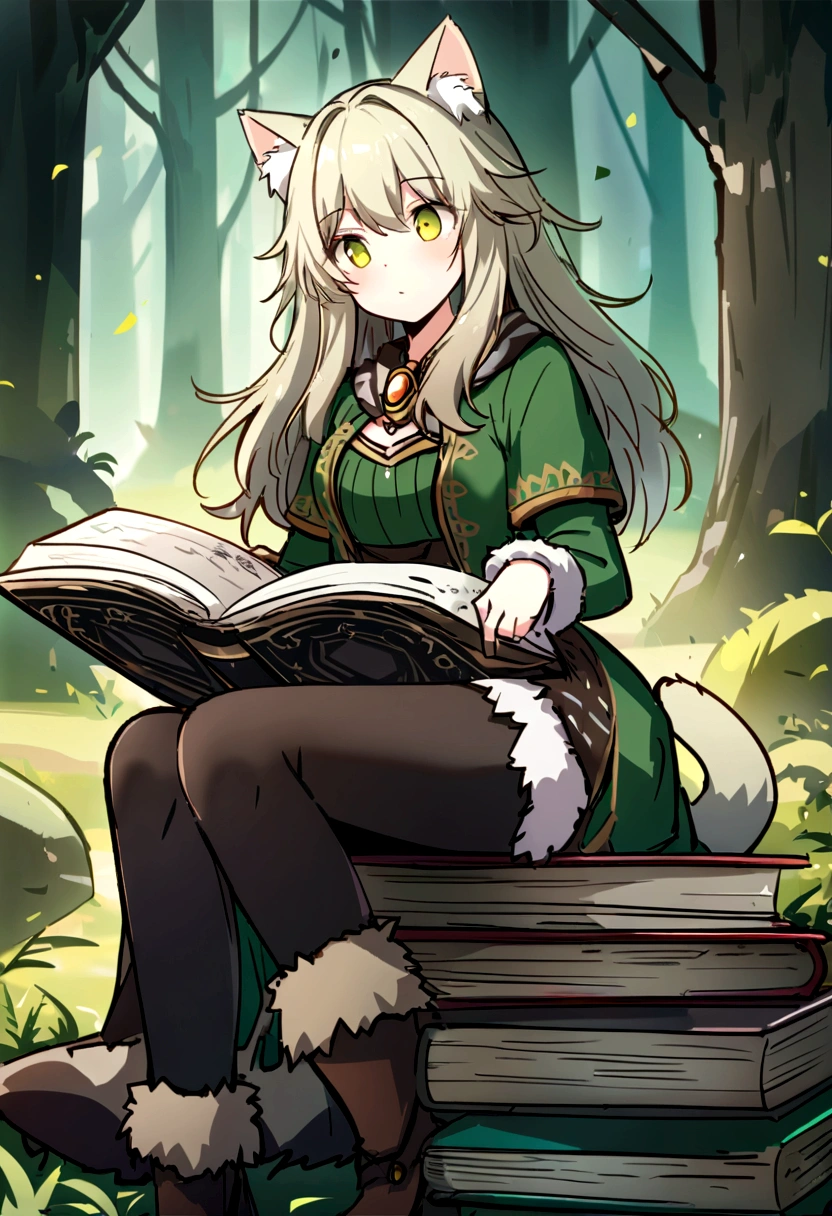 Highest quality、masterpiece、Detailed CG、cute cat、Norwegian Forest Cat、Handwritten style、icon、Yellow-green eyes、Sitting on a floating book、League of Legends、Yuumi