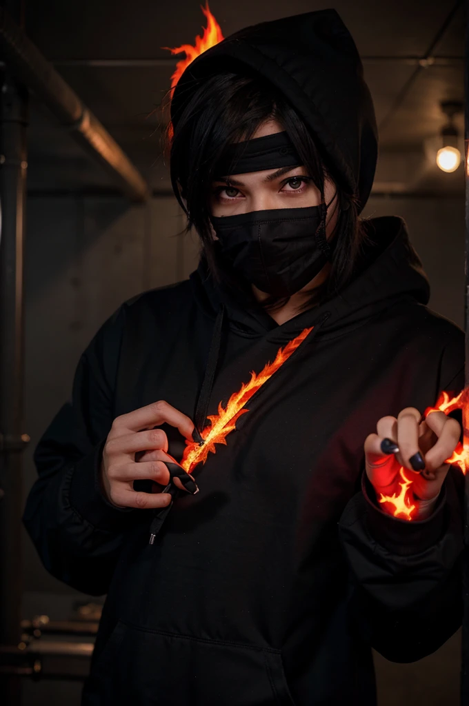Make an anime boy with a black hoodie wearing a black mask and a red flame on his right hand with a red left eye