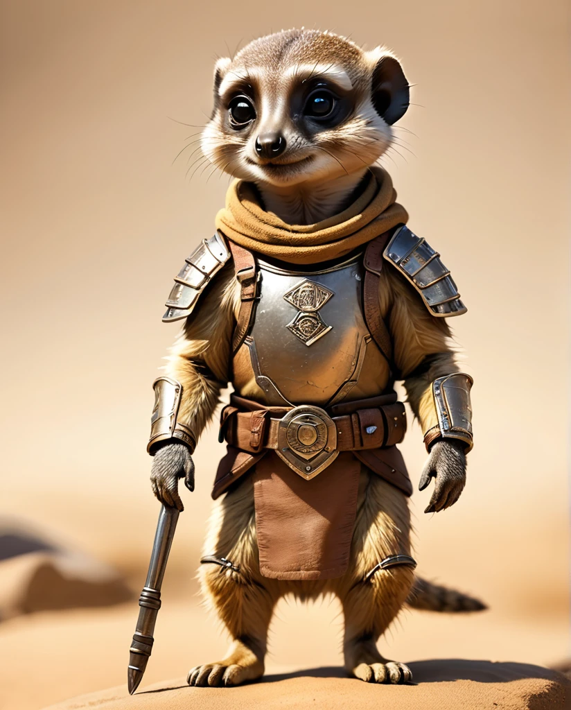 Meerkat Baby Warrior Wearing armor high detail Full Body Shot Looking this way