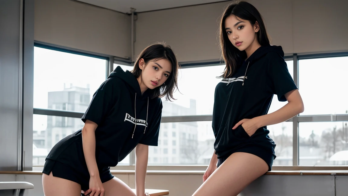 deux femmes ensemble de 18 ans sexy et mince , black short sleeve hoodie , salle de classe, se touche,position sey,sensuel