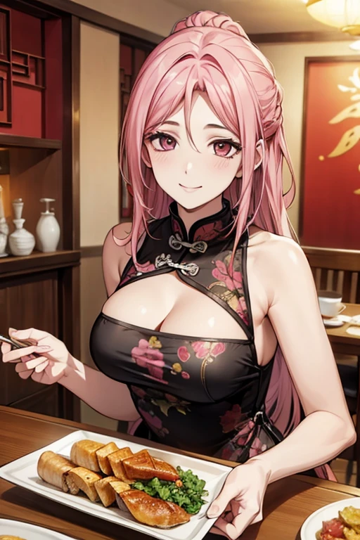 Highest quality,Masterpiece,8K,China dress,Big Breasts,Best Style,Droopy eyes,smile,Pink Hair,Chinese restaurant,waiter