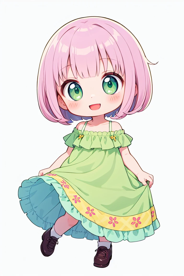 chibi, flat color, solo, full body, cute, (highest quality), pink Hair, lime green Eyes, bob cut, ((wavy hair)), off shoulder, Beautiful Eyes, A big smile, A bright and curious personality, Mood makers, Cheerful, open mouth, (yellow Sleep dress), white background, (masterpiece)