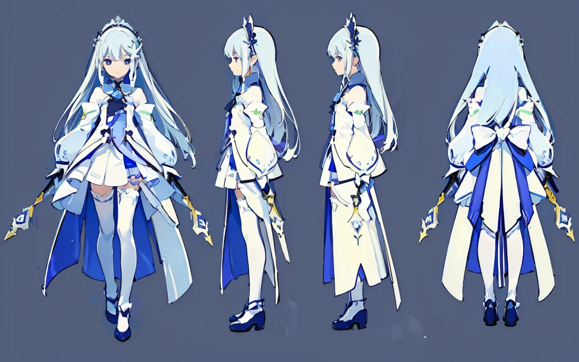 ((masterpiece, best quality)), Artist Akihiko Yoshida, Bravely Default Style, Thin line drawing, Delicate face, Innocence, Role List, ((three sided view, whole body, Simple background, multiple views, high resolution)), Rich in details, Very detailed, depth, Many parts, 1 Girl, 17 years old, lady, Pure white dress, White skirt, Gloves, White long sleeves, Blue Rose Hair Accessories, Blue ribbon accessory on chest, Long-stick weapons, White hair, Long hair, Full bangs, Proud, Poker face