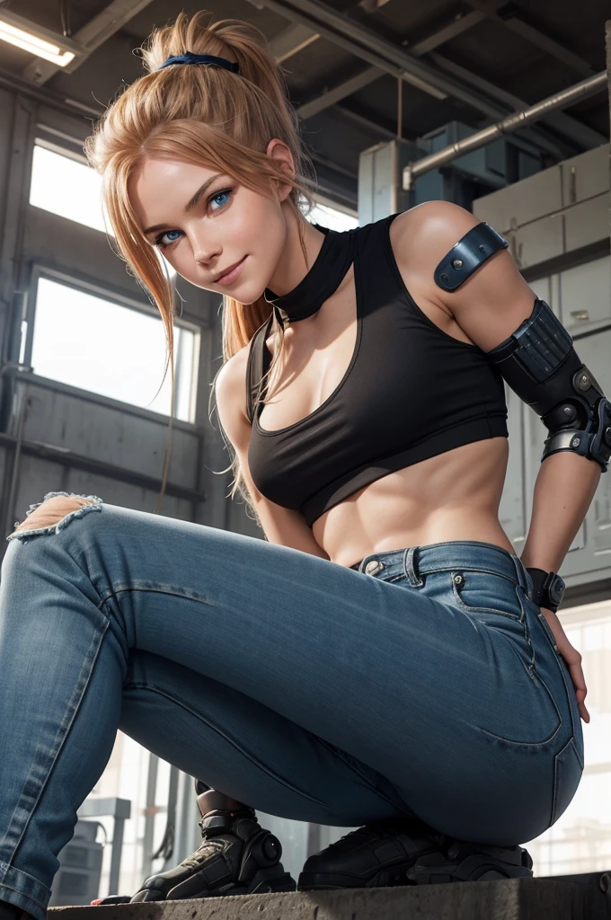 perfect anatomy, female engineer mechanic girl crouching down, dirty tank top, uniform, working on a robot, solo focus, blue eyes, strawberry blonde hair, ponytail, denim jeans, repairing machines, smiling, caring, looking upward, high angle, cyberpunk, futuristic, military vibes, diesel punk, indoors, welding, looking at viewer, muscle, toned woman, tomboy, in a futuristic military complex, police department, small jet fighter, white walls, ((BEST QUALITY))