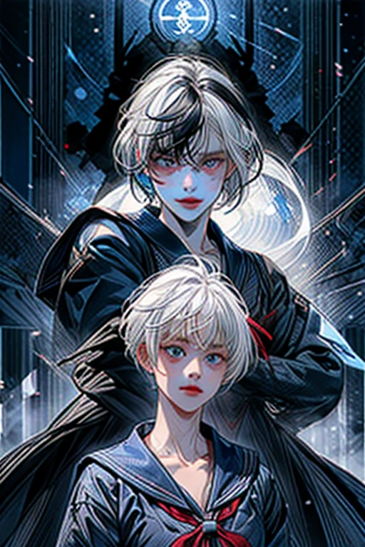 masterpiece,best quality,ultra-detailed,8K,high resolution,vulcn style, Black and Red,One Girl,(short hair:1.2),Highly detailed eyes,Highly detailed face,Very fine hair,8K,masterpiece,Highest quality,(Left and right split theme:1.2),Without gaps,Heterochromia iridis,(Chiaroscuro:1.2),(On the left are black hair and red eyes,On the right are white hair and blue eyes:1.2),(Sailor suit:1.2),Complete Anatomy