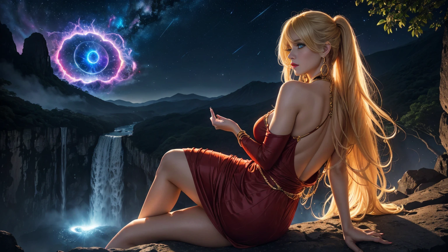 In an 8k resolution photo, a stunning Transylvanian woman with a perfect physique, blonde hair flowing down her back like a river of gold and piercing blue eyes takes center stage at the edge of a huge waterfall overlooking the  valley.  Her features are accentuated by bright red lipstick and large gold hoop earrings.  Round bangs frame her face as she sits confidently (facing the camera). She wears an elegant short red dress that shows off her perfect body.

The high-angle shot captures the grandeur of the majestic waterfall's peak, with the woman situated at its edge, overlooking a breathtaking valley.  The deep view expands to reveal a fusion of lush (jungle), (waterfall), river, (volcano) and lava flow amidst the darkness, as if the very forces of nature have converged in this mystical realm in (the dark night:1.5) with (beautiful supernova in the Sky:1.3).