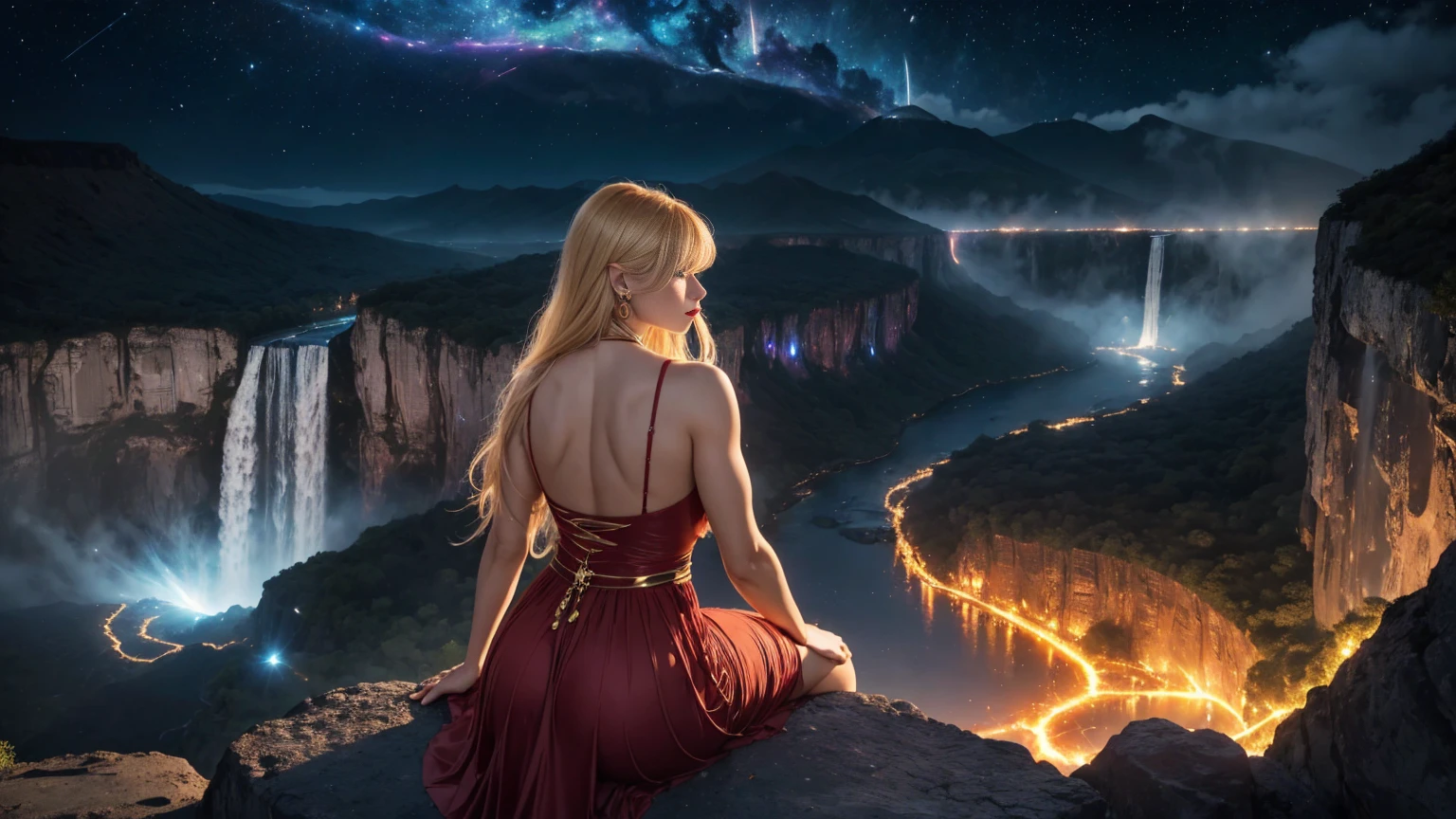In an 8k resolution photo, a stunning Transylvanian woman with a perfect physique, blonde hair flowing down her back like a river of gold and piercing blue eyes takes center stage at the edge of a huge waterfall overlooking the  valley.  Her features are accentuated by bright red lipstick and large gold hoop earrings.  Round bangs frame her face as she sits confidently (facing the camera). She wears an elegant short red dress that shows off her perfect body.

The high-angle shot captures the grandeur of the majestic waterfall's peak, with the woman situated at its edge, overlooking a breathtaking valley.  The deep view expands to reveal a fusion of lush (jungle), (waterfall), river, (volcano) and lava flow amidst the darkness, as if the very forces of nature have converged in this mystical realm in (the dark night:1.5) with (beautiful supernova in the Sky:1.3).