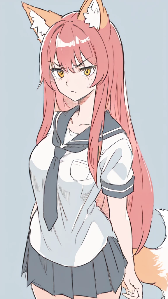 1girl ,20s,adult,serious face,white shirt,short sleeves,(black standard tie),white school skirt,(red hair),long hair,fox ears