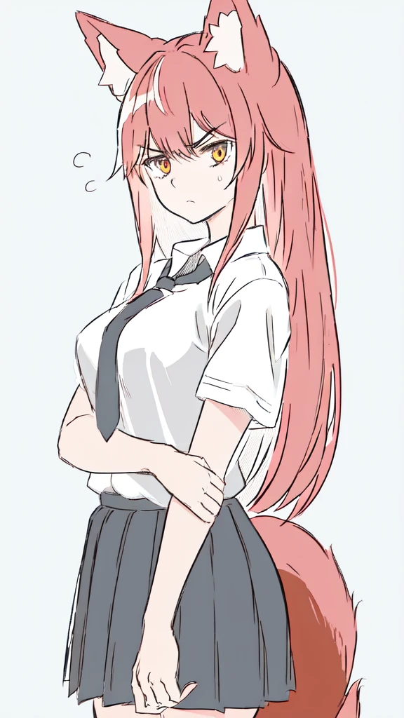 1girl ,20s,adult,serious face,white shirt,short sleeves,(black standard tie),white school skirt,(red hair),long hair,fox ears