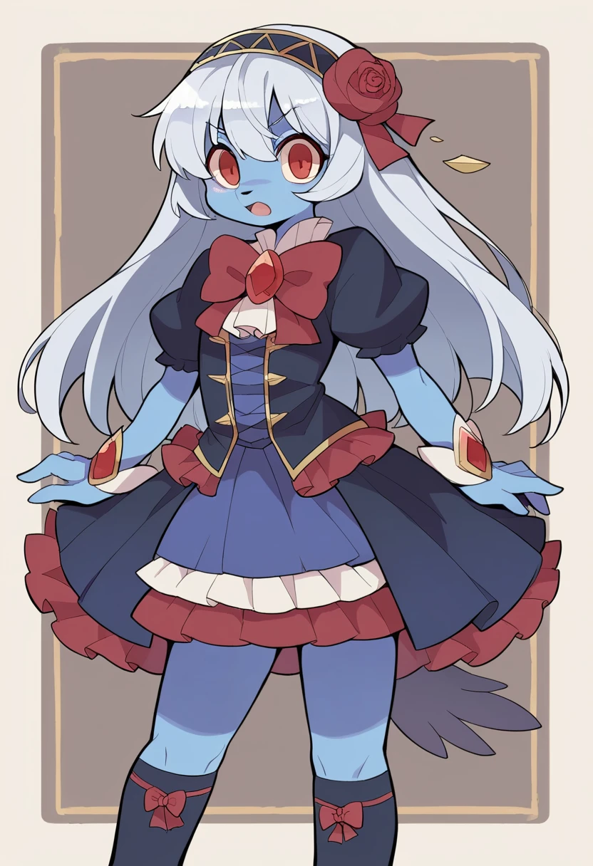 ((masterpiece)), (Highest quality))), (National costume, same characters, front, ~ side, return),  1 girl, whole body, Silver Hair, eyes hair, Beautiful red eyes, Princess Cut, Environmental change scene, Short skirt, Shyness, woman, girl, Are standing, Gothic Lolita, furry girl,ネズミのgirl, (simple returnground, white returnground: 1.3) ( masterpiece:1.2), (Highest quality:1.3)