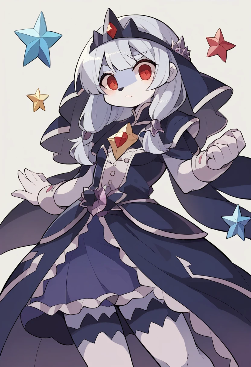 ((masterpiece)), (Highest quality))), (National costume, same characters, front, ~ side, return),  1 girl, whole body, Silver Hair, eyes hair, Beautiful red eyes, Princess Cut, Environmental change scene, Short skirt, Shyness, woman, girl, Are standing, Gothic Lolita, furry girl,ネズミのgirl, (simple returnground, white returnground: 1.3) ( masterpiece:1.2), (Highest quality:1.3)