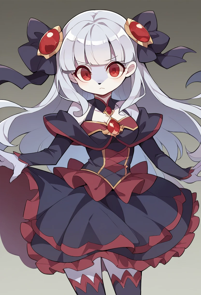 (masterpiece:1.2), (best quality:1.3), cowboy_shot, luna_kindred, 1girl, solo, vampire, hair between eyes, white hair, red eyes, glowing eyes, thighs, black thighhighs, garter_belt, bare_arms, black gloves, black corset, gothic_lolita, lolita_fashion, flat_chest, dress, long_dress, standing, cute, adorable, <lora:luna_kindred_v3:0.8>