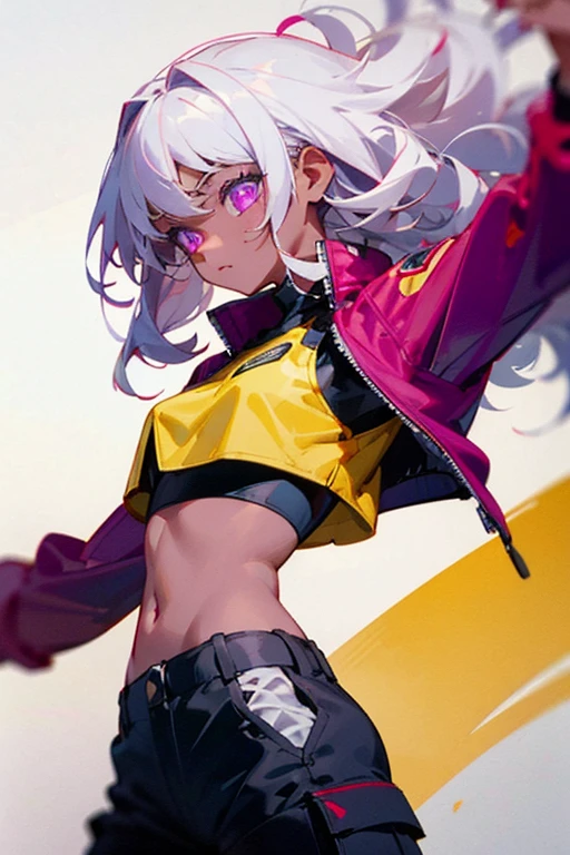 A girl who has purple eyes and curly white hair has dark skin, wears black cargo pants and a red crop top over a yellow jacket.