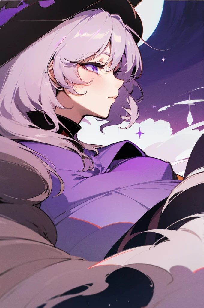 Yukari Yakumo ((Touhou)) on the background of the moon at night. He looks at the viewer. a slightly side view. , high detail. the face and eyes are super detailed. His eyes are shining. ((1.5 sly look)). a beautiful turn of the neck. the outline of the figure glows purple. clouds in the sky. smooth harmonious, graceful strokes. , high resolution.