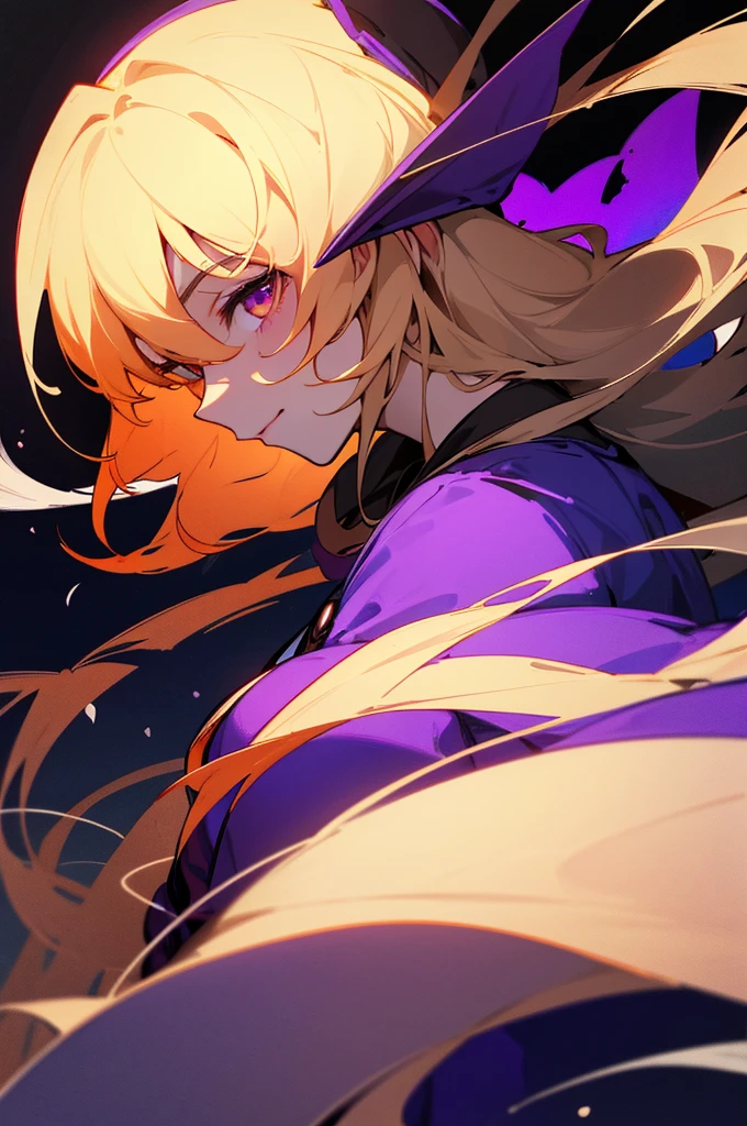 Yukari Yakumo ((Touhou)) on the background of the moon at night. He looks at the viewer. a slightly side view. , high detail. the face and eyes are super detailed. His eyes are shining. ((1.5 sly look)). a beautiful turn of the neck. the outline of the figure glows purple. clouds in the sky. smooth harmonious, graceful strokes. , high resolution.