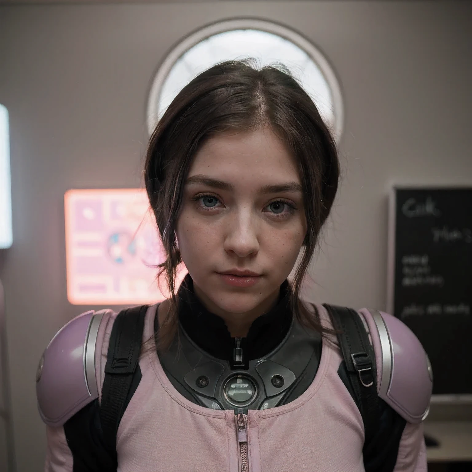 Photo of a college student, Purple Pink, Futuristic space suit, (freckle:0.8) Cute face, Science Fiction, Dystopia, Delicate eyes, Green pupils（（side view））