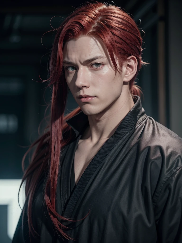 JUJUTSU KAISEN SCREENSHOT ANIME long red hair boy red eyes, long red hair, plump lips, tied hair, red eyes, prominent nose, sharp jawline, handsome, smirking, friendly, ponytail, JUJUTSU KAISEN