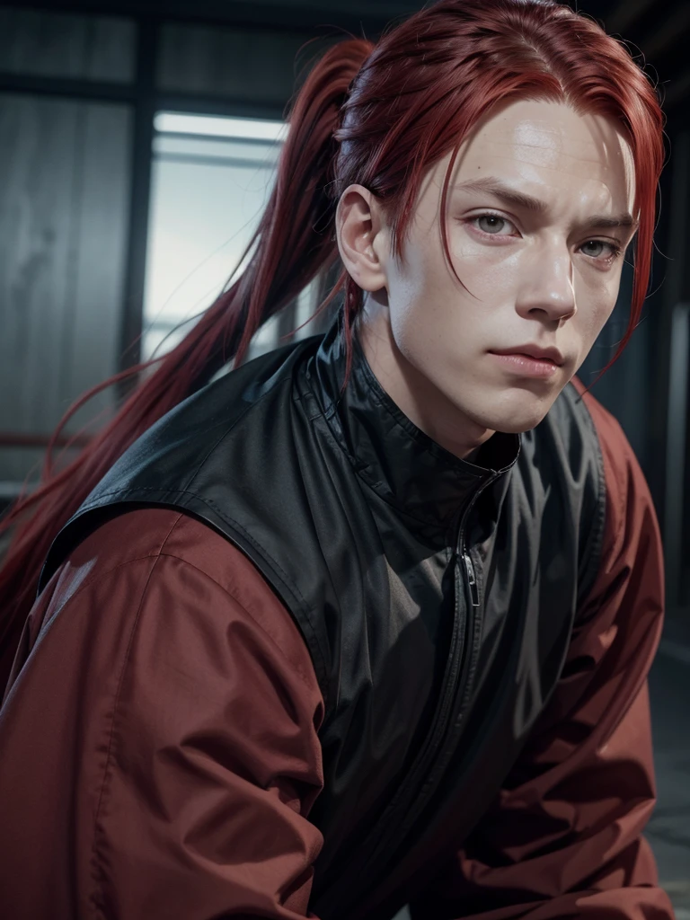 JUJUTSU KAISEN SCREENSHOT ANIME long red hair boy red eyes, long red hair, plump lips, tied hair, red eyes, prominent nose, sharp jawline, handsome, smirking, friendly, ponytail, JUJUTSU KAISEN