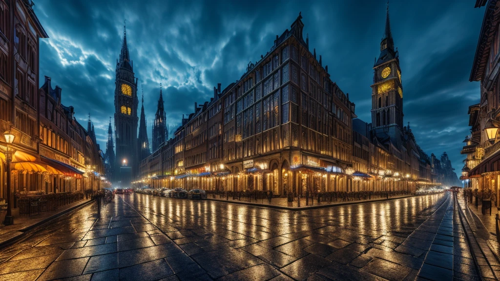 A majestic medieval city, stunning Gothic architecture, cobblestone streets, towering spires, ornate cathedrals, bustling marketplace, rich tapestries, ornate furnishings, glowing lanterns, moody atmosphere, intricate stained glass windows, dramatic lighting, enchanting fantasy, vibrant colors, cinematic composition, photorealistic, 8k, (best quality,4k,8k,highres,masterpiece:1.2),ultra-detailed,(realistic,photorealistic,photo-realistic:1.37),HDR,UHD,studio lighting,ultra-fine painting,sharp focus,physically-based rendering,extreme detail description,professional,vivid colors,bokeh