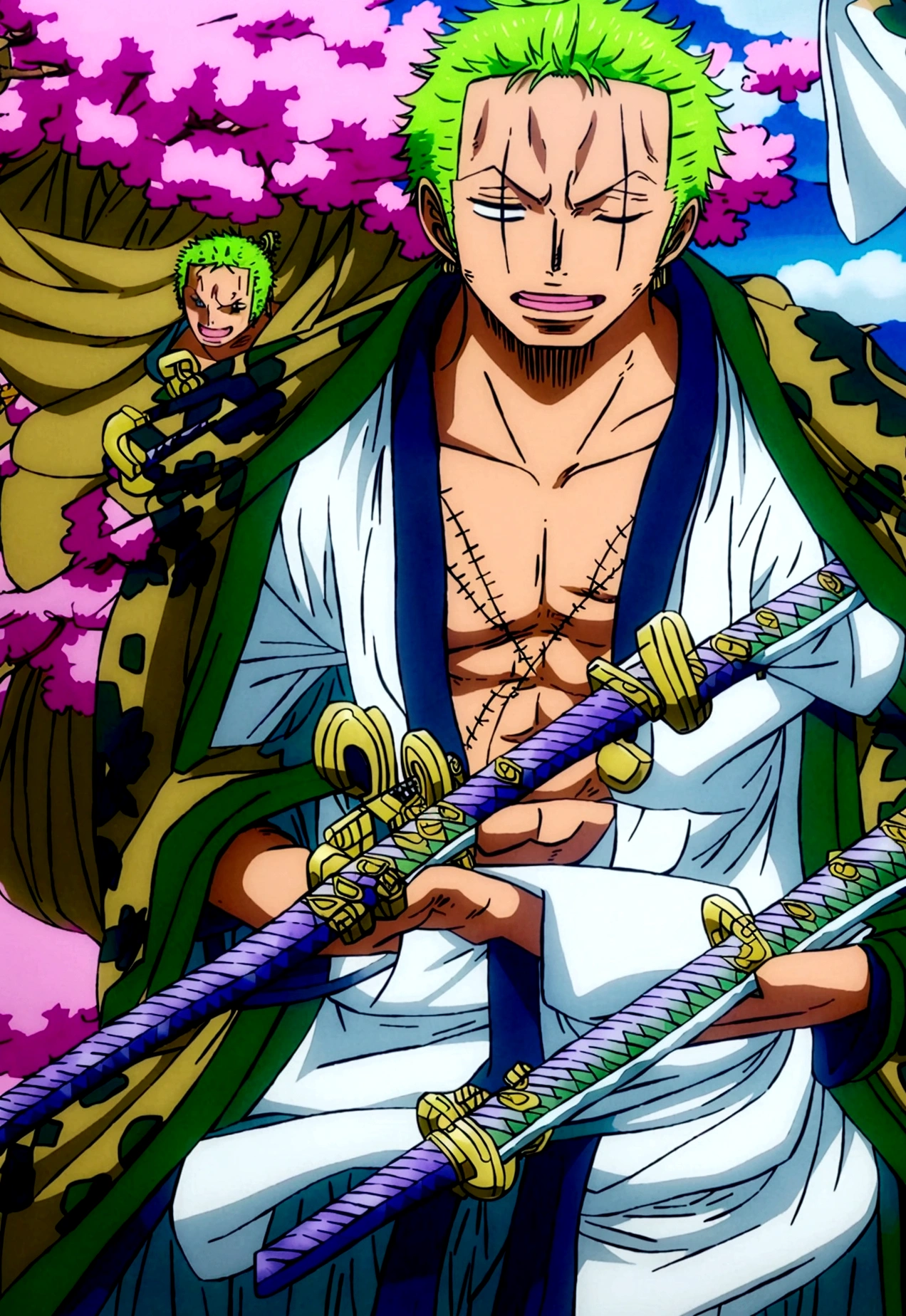 Zoro fighting David, a young boy with blonde hair and green eyes who uses a Katana and doesn&#39;t wear a shirt