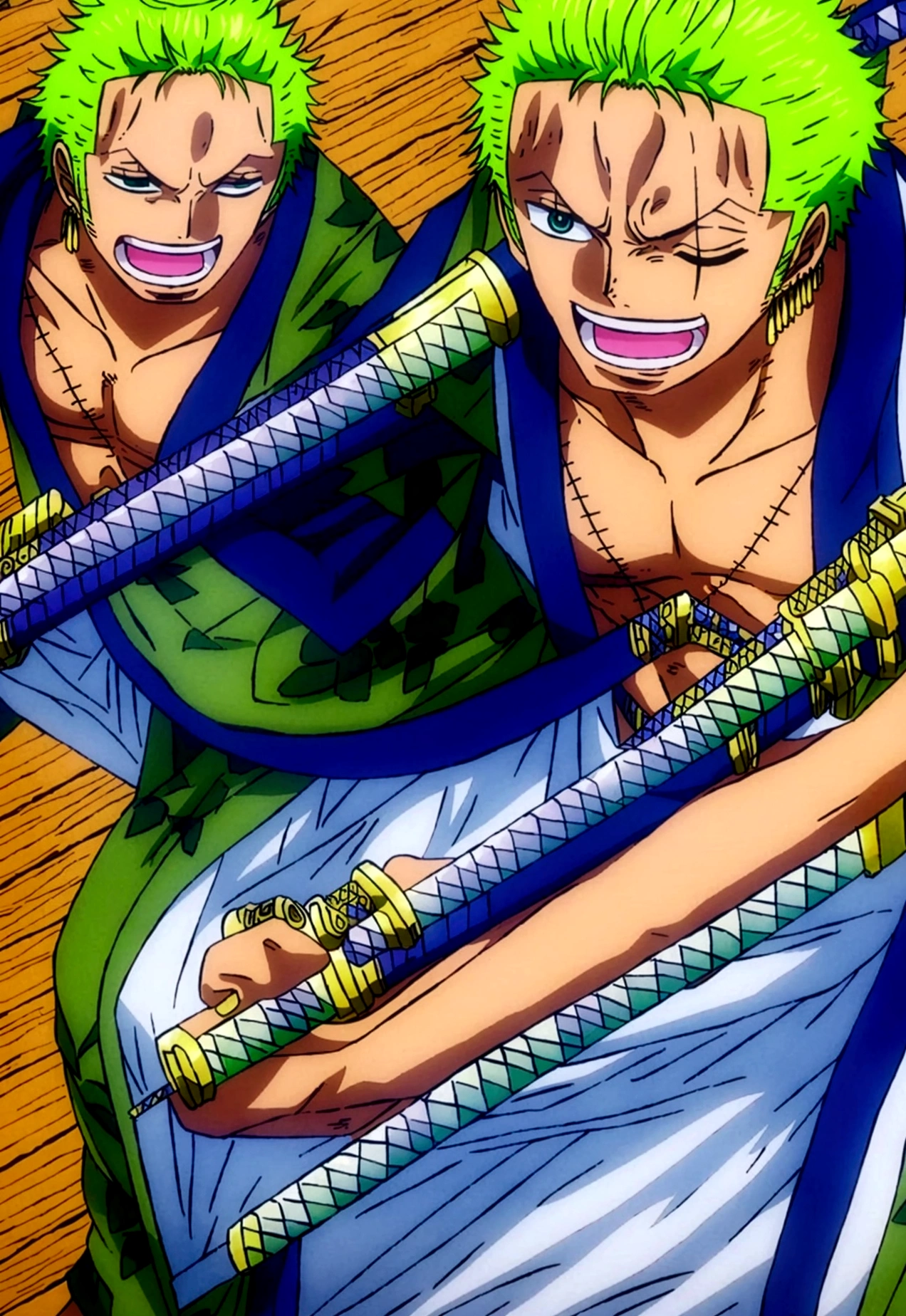 Zoro fighting David, a young boy with blonde hair and green eyes who uses a Katana and doesn't wear a shirt
