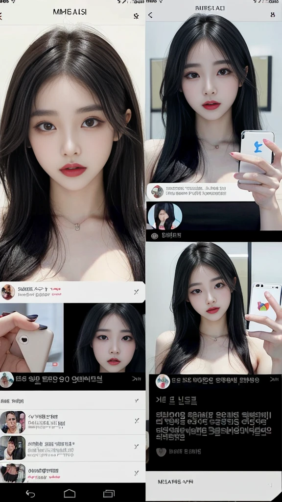 (high quality), (SFW), (vertical split screen:1.6), (various scean:1.5), (A mature prostitute girl enjoying with a smartphone chat app with a number of Korean adult guys : 1.6), (the girl has gorgeously dyed hair and pretty face makeup : 1.4), (she is wears a feminine dress and stockings and strappy high heels as she sits on her bed and chats with a number of man in online.), Her smartphone display shows a number of Korean adult man, who ask the woman to chat., Their chat language is English, the guy is waiting for her response, showed each popup window, chatting logs, Online Profiles and Photos, And the man is requesting a chat with her on the smartphone screen. He and she take turns sending messages on the chat app, her time is night,