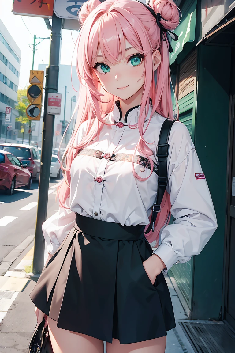 ((1 Girl)), American, mini skirt, skate, waitress, Latest Fashion Trends , smile, Americanレストラン,((Very detailed,Highest quality, High resolution, 8k wallpaper, Beautiful clothes,)),((Pink Hair, Long Hair,Straight hair,Chinese style hair bun)) ,(Green Eyes),eye shadow, eyeliner,Glowing Eyes, Very detailedな目, Complex eyes, Beautiful Eyes, 輝くGreen Eyes,18-year-old girl,