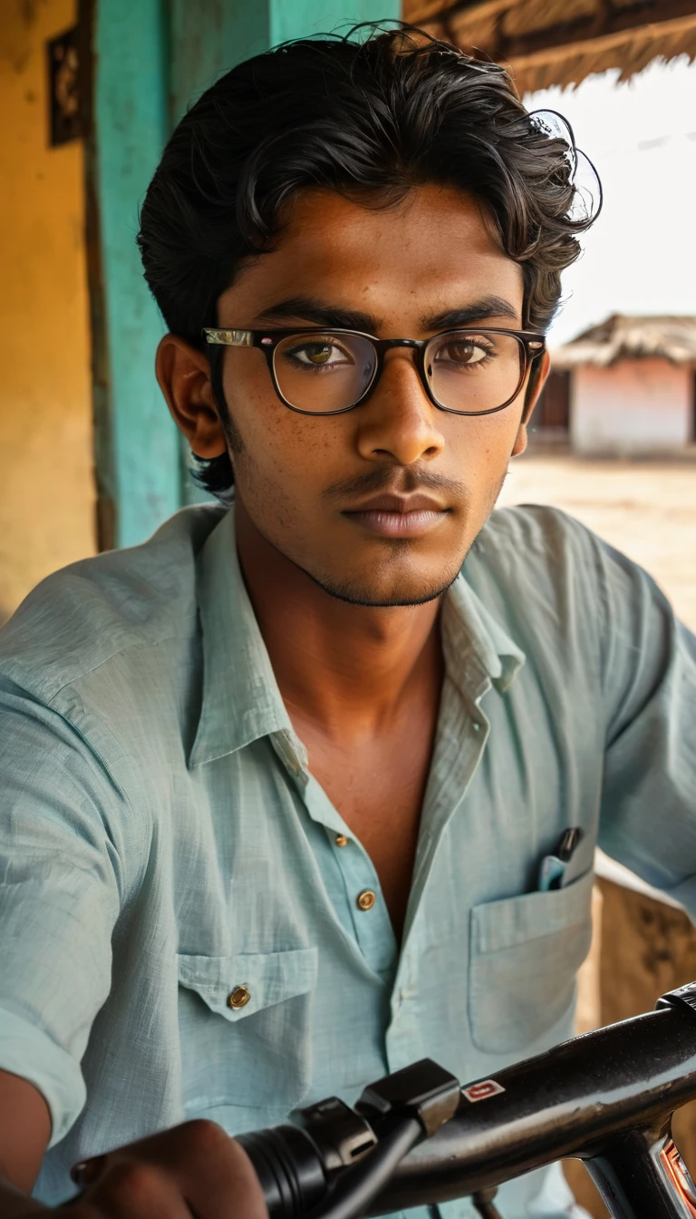(Photography, Realism: 1.4),
23 years old, male, black hair, smart looking, Maldivian, looking out of classroom window, cinematic lighting, highly detailed eyes, highly detailed face, brown eyes, freckles, glasses, Riding a bike in the Indian village, full body image 