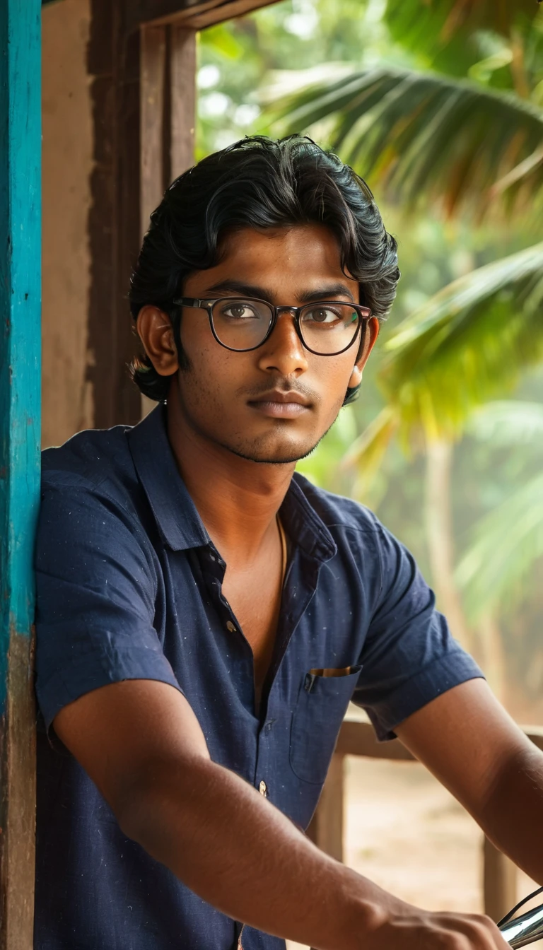 (Photography, Realism: 1.4),
23 years old, male, black hair, smart looking, Maldivian, looking out of classroom window, cinematic lighting, highly detailed eyes, highly detailed face, brown eyes, freckles, glasses, Riding a bike in the Indian village, full body image