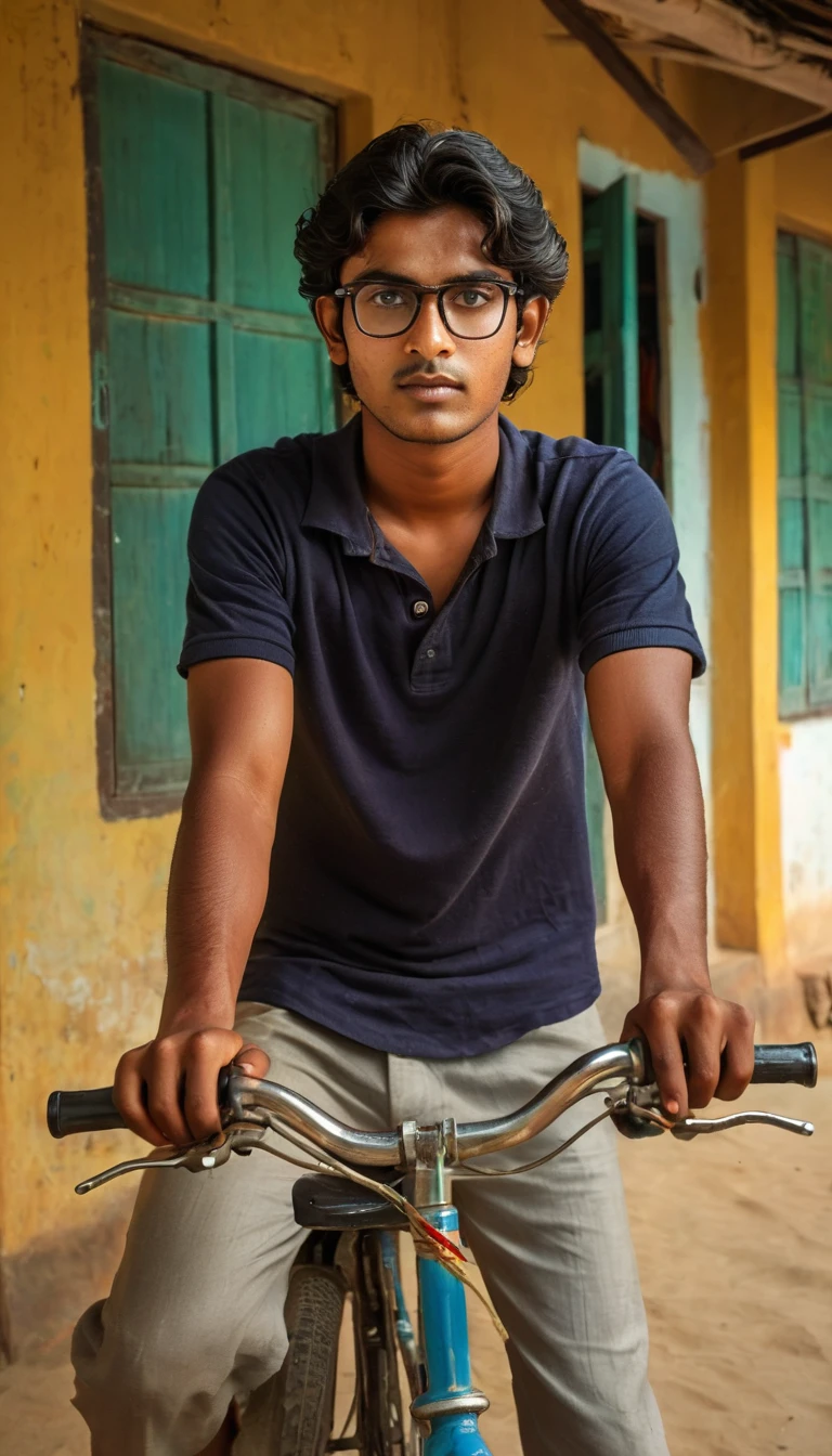 (Photography, Realism: 1.4),
23 years old, male, black hair, smart looking, Maldivian, looking out of classroom window, cinematic lighting, highly detailed eyes, highly detailed face, brown eyes, freckles, glasses, Riding a bike in the Indian village, full body image