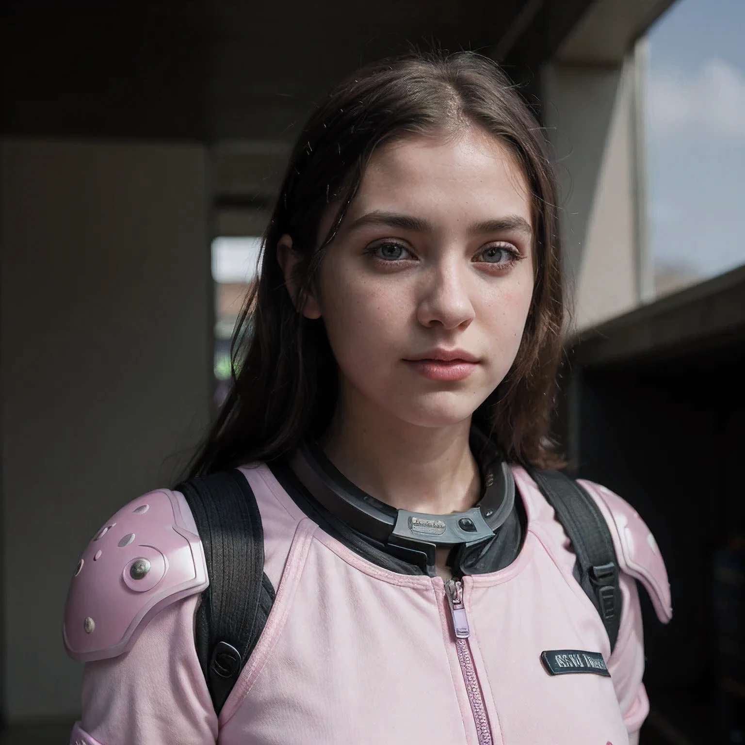 Photo of a college student, Purple Pink, Futuristic space suit, (freckle:0.8) Cute face, Science Fiction, Dystopia, Delicate eyes, Green pupils（（side view））