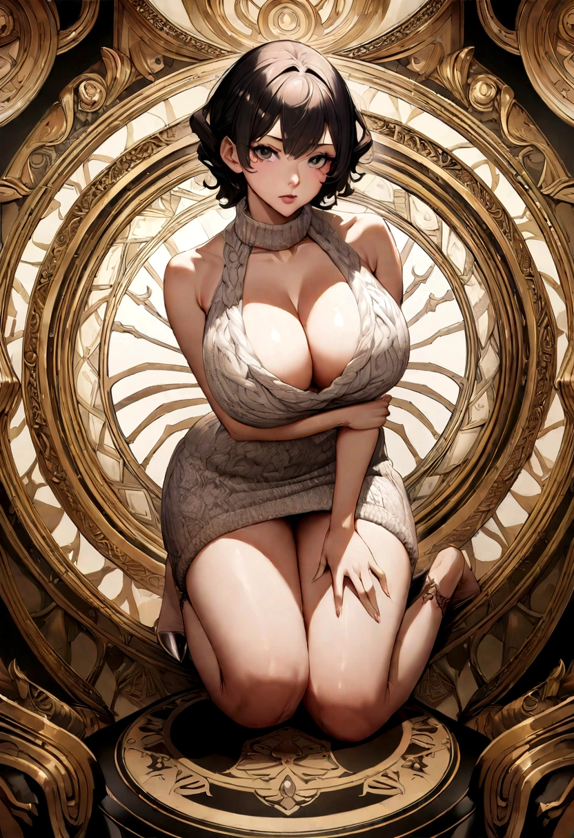 masutepiece, Best Quality, Illustration, Ultra-detailed, finely detail, hight resolution, 8K Wallpaper, Perfect dynamic composition, Beautiful detailed eyes, Natural Lip, sexy knitted dress , Big breasts, cleavage, Random sexy poses, full body