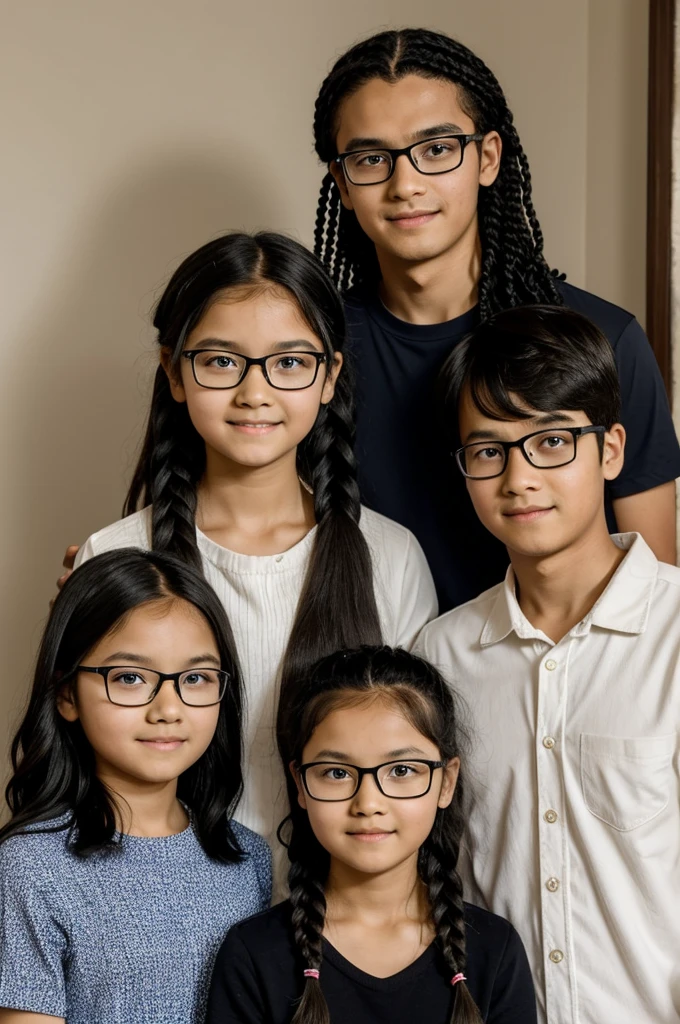 a family photo, An 11 year old girl who has glasses, braided and made of white tea , black hair slanted eyes , along with his parents and a 17-year-old brother with black, wavy hair