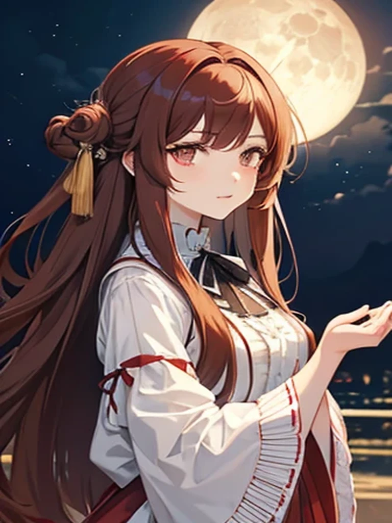 A detailed, high-quality anime girl with long, loose reddish brown hair with white tips and side bangs, reddish brown eyes and a white right eye, slanted cold stare, elegant Victorian era style clothing, skin clear as the moon, 1girl,anime,detailed face,beautiful detailed eyes,beautiful detailed lips,extremely detailed eyes and face,longeyelashes,reddish brown hair,white hair tips,reddish brown eyes,white right eye,slanted eyes,cold stare,victorian era dress,porcelain skin,kuroshitsuji style,best quality,4k,8k,highres,masterpiece:1.2,ultra-detailed,realistic,photorealistic,photo-realistic:1.37,HDR,UHD,studio lighting,ultra-fine painting,sharp focus,physically-based rendering,extreme detail description,professional,vivid colors,bokeh