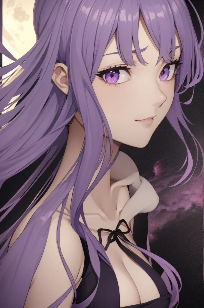 Yukari Yakumo on the background of the moon at night. He looks at the viewer. a slightly side view. , high detail. the face and eyes are super detailed. His eyes are shining. ((1.5 sly look)). a beautiful turn of the neck. the outline of the figure glows purple. clouds in the sky. smooth harmonious, graceful strokes. , high resolution.