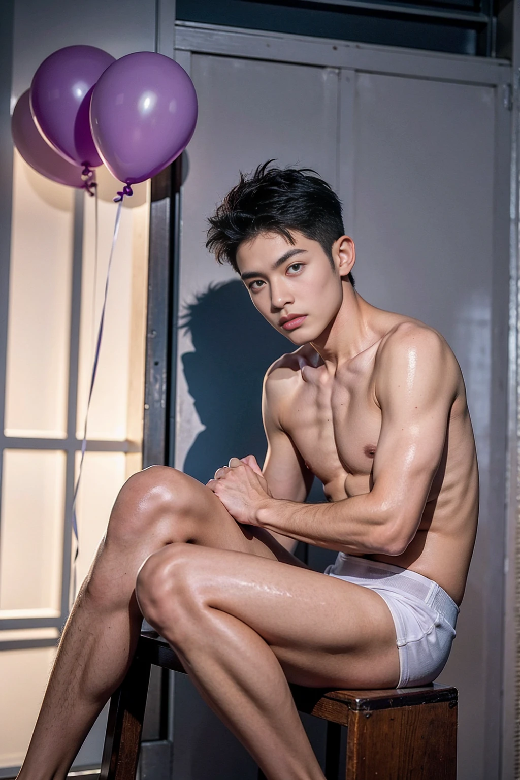 15-year-old Asian boy, He stood with his legs spread out around him. big violet balloons, wearing a tight violet Calvin Klein men's underwear and curved legs., shirtless, abs, thin body, slim body, skinny body, handsome, ager, young boy, youthful, boyish, cute, photography, realistic, big violet balloons, indoor soft lighting,(Best quality, 8k, Masterpiece).,highest detail, superior quality, natural lighting, beautiful, sexy, correct anatomy, good composition,Realistic faces, realistic shapes, realistic skin tones,Natural eyes,realistic eyes,looking up at viewer,Realistic convex crotch,realistic muscles,Realistic wrinkles on the skin,Realistic arms and legs,Realistic face,realistic hair,Make a sexy and seductive face, boy focus,amazing composition, front view, HDR, volumetric lighting, ultra quality, elegant,Realistic pose,detailed hair,full body,Fujifilm XT3 photorealistic art by midjourney