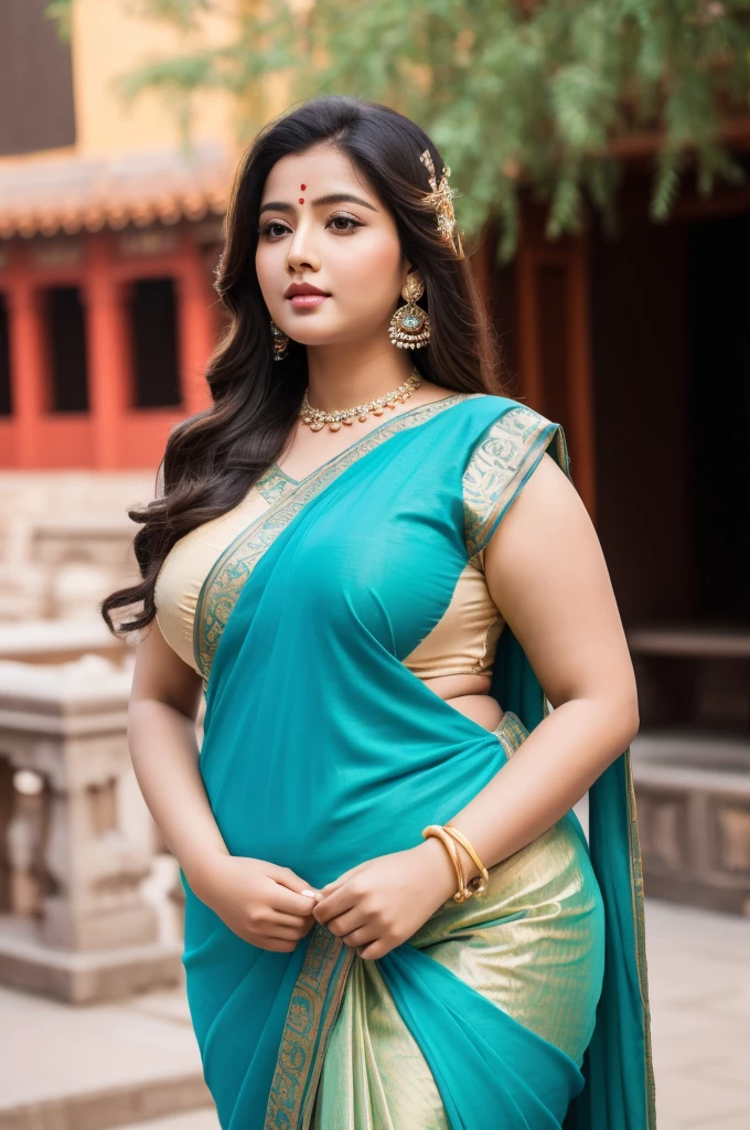 1 Heavenly beautiful and goddess beauty cute and sweet looking face Indian female in front of Baoshao Stone City, China, Heavenly beautiful Overweight, Heavenly beautiful Extremely fat, Heavenly beautiful and attractive Chubby figure , Heavenly beautiful looking and eye catching luxury style tight fitting Indian traditional sarees , reaching out, Heavenly beautiful Arabian woman, 16k, High resolution, masterpiece, highest quality, fine skin, outside view, Realistic Photograph, size 45 and waist size 32, close up face view