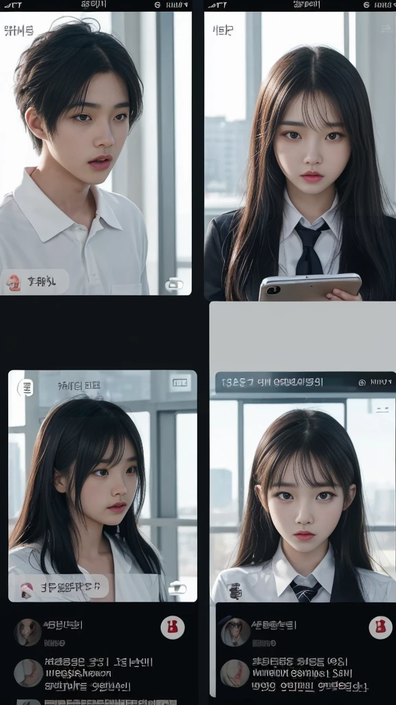  (high quality), (SFW:1.2), split screen, delinquent, A mature, delinquent high school girl and a Korean adult man enjoying a smartphone chat app, Her smartphone display shows a number of adult Korean men having a conversation with a delinquent high school girl..., Chat language is English., The men are waiting for her reaction, pop-up window, there&#39;still, The man is asking her to chat on his smartphone screen. Chat takes place alternately between women and men....