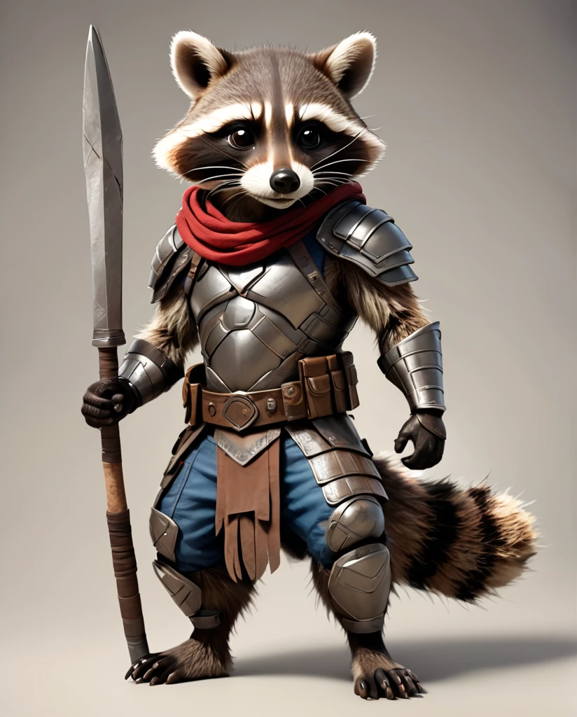 Raccoon Warrior Wearing armor high detail Full Body Shot Looking this way