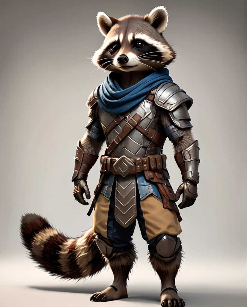 Raccoon Warrior Wearing armor high detail Full Body Shot Looking this way
