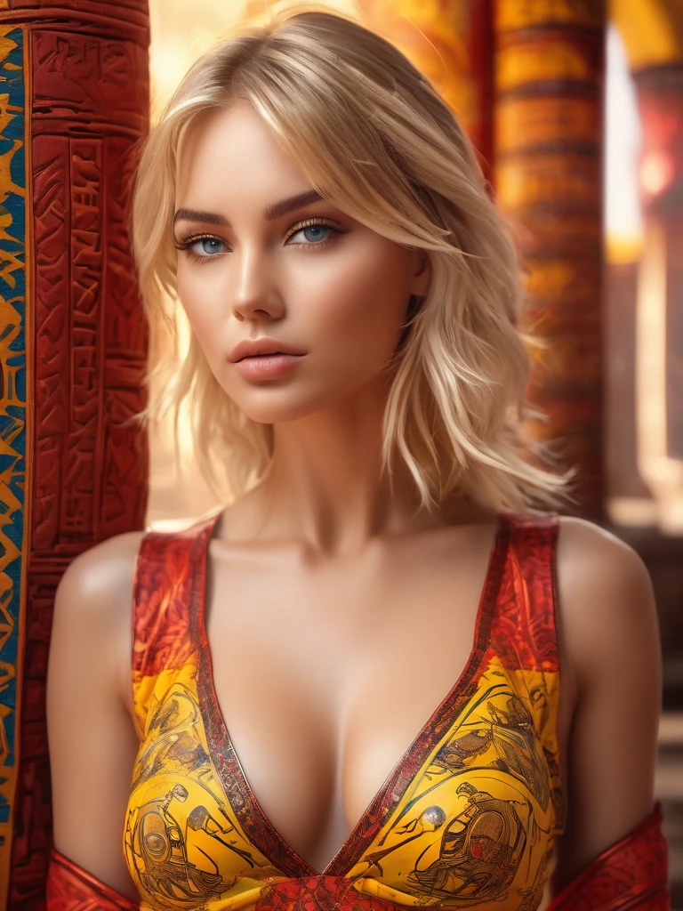 Real full picture of Most beautiful attractive (blond) model wearing yellow-red-brown full covered Chemise having colorful hieroglyphic detailed writings, high resolution, scarabs, 8k,, , mockup, ultra hd, realistic, vivid colors, highly detailed, UHD drawing, pen and ink, perfect composition, beautiful detailed intricate insanely detailed octane render trending on artstation, 8k artistic photography, photorealistic concept art, soft natural volumetric cinematic perfect light, perfect body,
