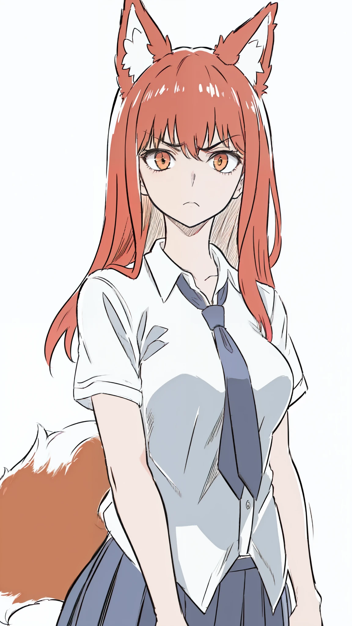 1girl ,20s,adult,serious face,white shirt,short sleeves,(black standard tie),white school skirt,(red hair),long hair,fox ears