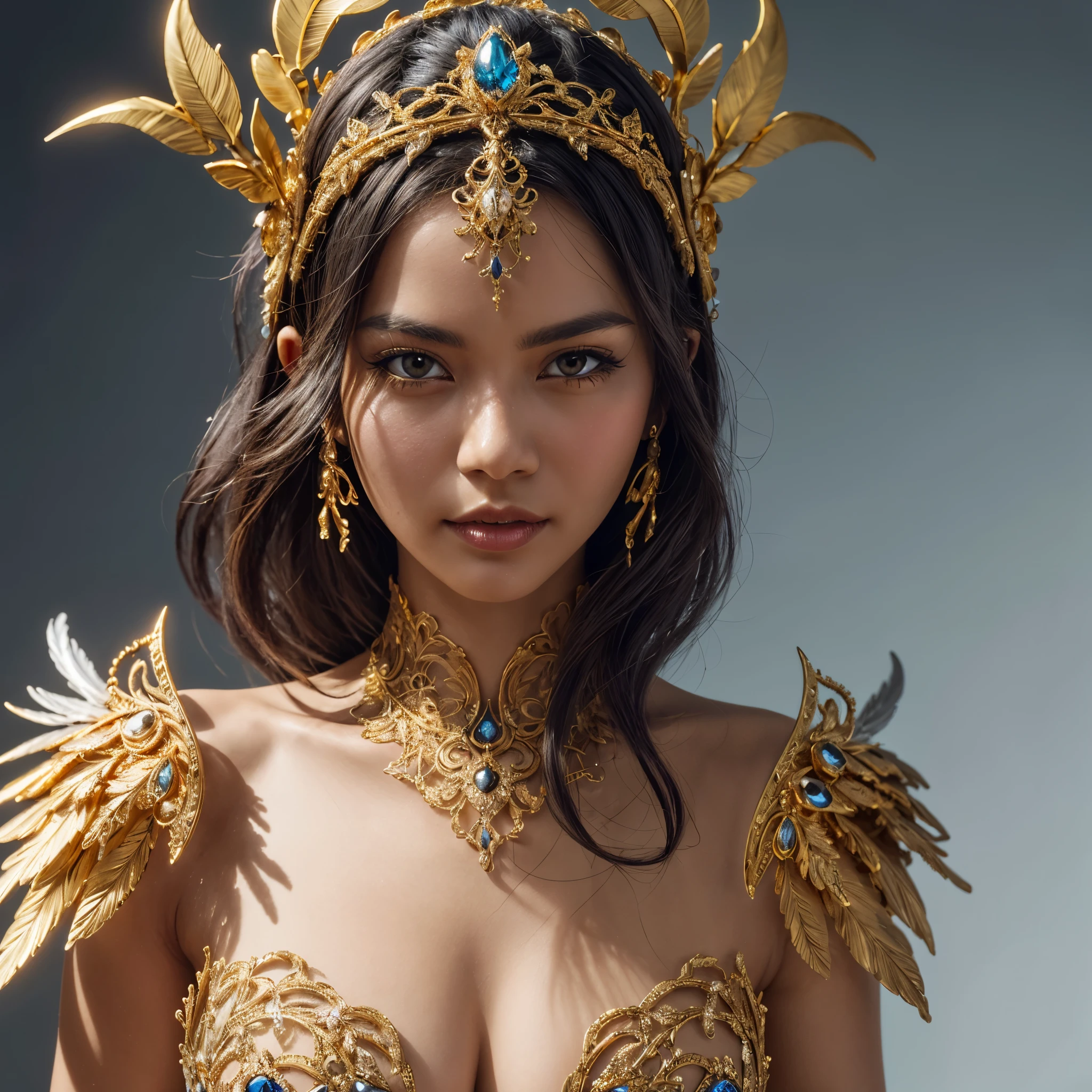 indonesia style, intricate ornate filigree headpiece, super details, concept art, crystal, detailed golden feathers, sharp focus, still life macro photography, (best_quality, masterpiece:1.2), (highly detailed), (4k, 8k, uhd, high_resolution, highres),