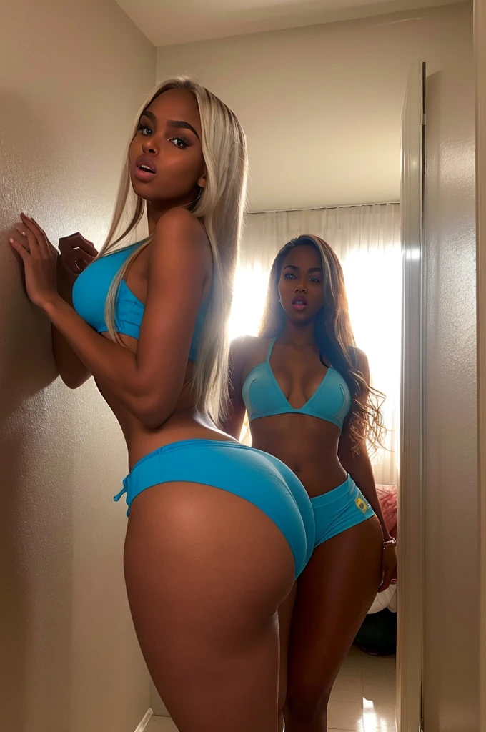 big bubble butt dark tan skinned brazilian girl, sexy T-pose, 1girl, , blue eyes, baby face, in lockerroom, blond hair, big lips, long hair, straight hair, extremely beautiful, blue eyes, dark skin, long hair, (totally realistic), (very hot), medium breast, (very wide hips), (so sweet), temptation), (very round ass), ((no belly)), ((flat belly)), ((ultra thin waist)), (sport shorts), wide shot, topless, open mouth, big lips, make-up, big glossy lips, micro waist, ultra wide hips, very thick thighs, small hands