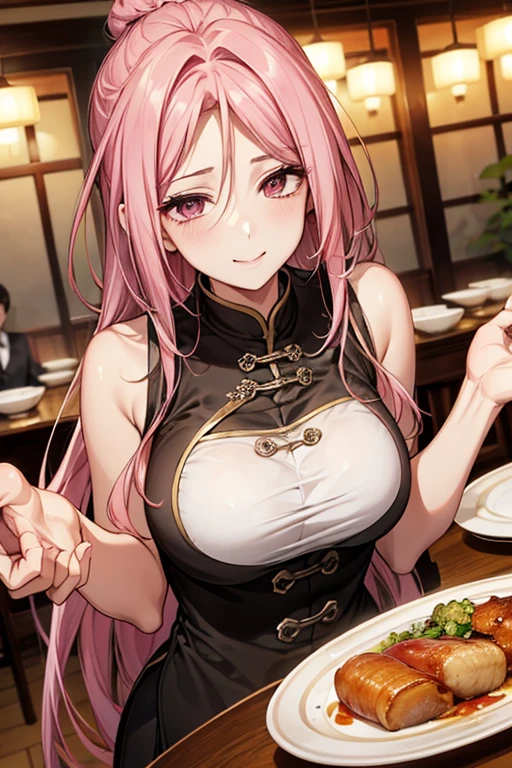 Highest quality,Masterpiece,8K,China dress,Big Breasts,Best Style,Droopy eyes,A sparkling smile,Pink Hair,Chinese restaurant,waiter,Customer Service