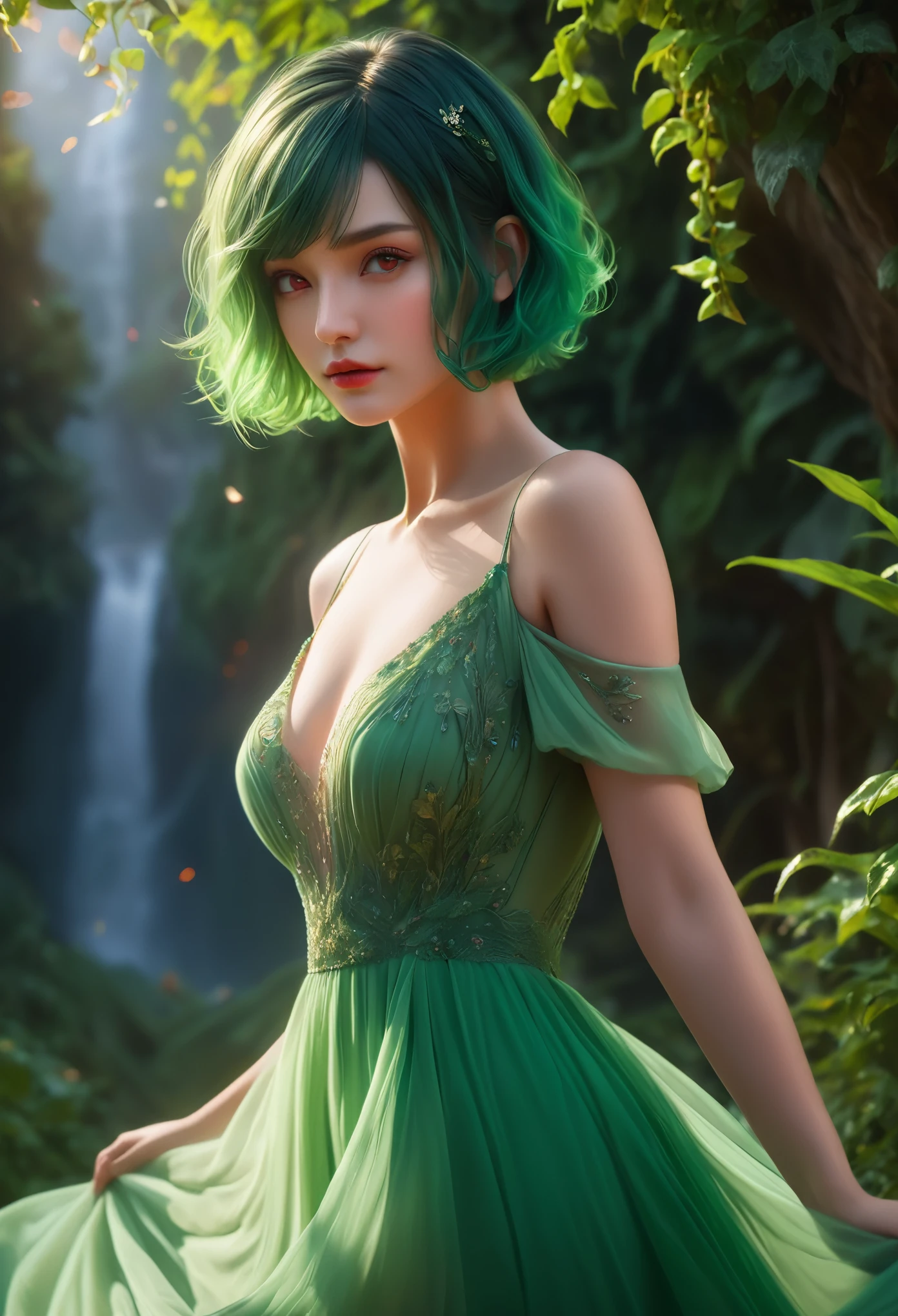 Unbeatable masterpiece, Ultra photo realsisim, Perfect artwork, Intricate details, Best quality, Strong light , High contrast, Dynamic pose, Dutch angle , Depth of field , (Masterpiece)Best quality , intricately details , 1girll , Short hair , (Black hair and green hair) , Rainbow color hair colorful hair,Gradient hair color , (Clear plastic sheath:1.2),Black T-shirt , (simplebackground:1.2) , full body , Shiny , Superficial granular nevi under the eyes , hair bobbles , Big foam , (crystal:1.5) , (Colorful eyes) , (((Colorful background))) , Hair ribbon , Light particles , sunflare