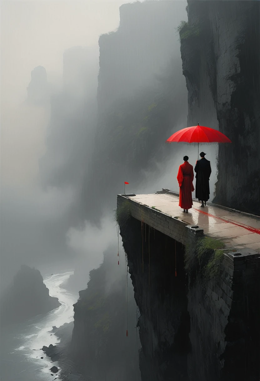 a simple,minimalist illustration, 1 red umbrella ,tassels on the umbrella,solitary figure,on a cliff edge,bridge